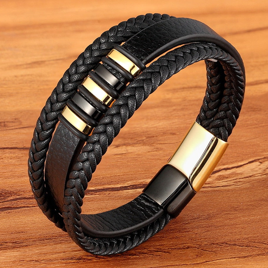 New 3 Layers Punk Style Design Genuine Leather Bracelet for Men Steel Magnetic Button Birthday Gift Male Bracelets