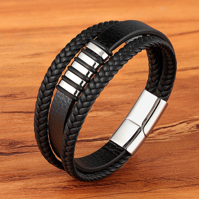 New 3 Layers Punk Style Design Genuine Leather Bracelet for Men Steel Magnetic Button Birthday Gift Male Bracelets