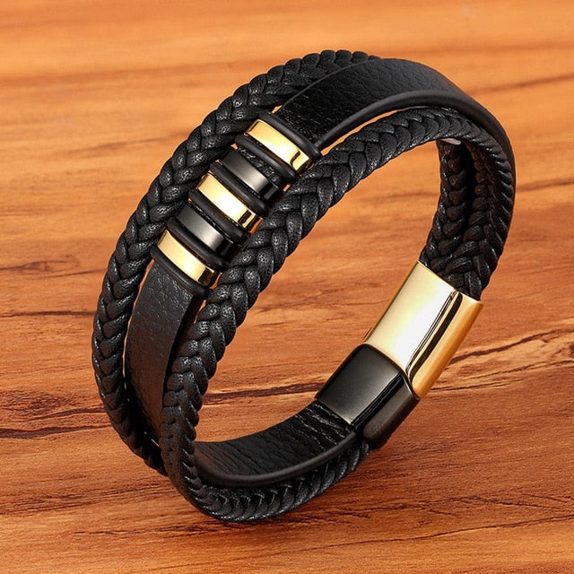 New 3 Layers Punk Style Design Genuine Leather Bracelet for Men Steel Magnetic Button Birthday Gift Male Bracelets