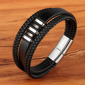 New 3 Layers Punk Style Design Genuine Leather Bracelet for Men Steel Magnetic Button Birthday Gift Male Bracelets